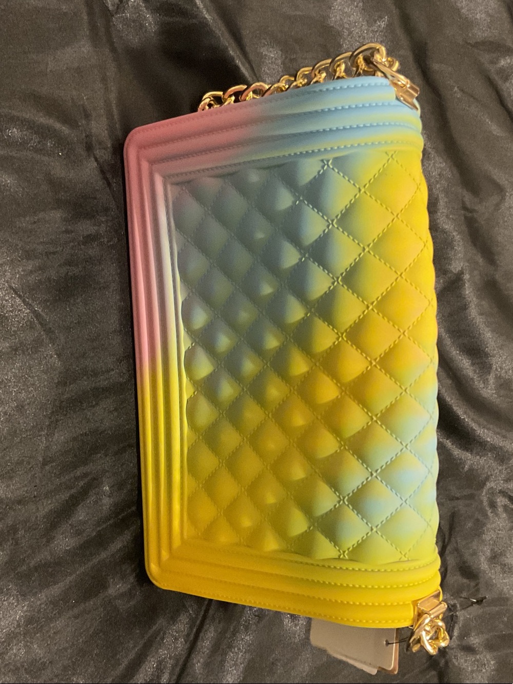 Rainbow Pastel Quilted Chain Shoulder Bag - Pink, Yellow, Blue - Picture 3 of 5
